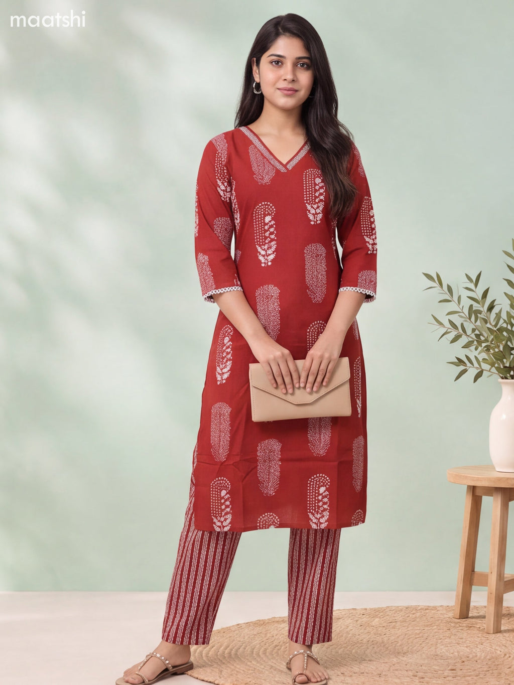 Dark Rust Cotton Printed & Embroidery Work Straight Suit