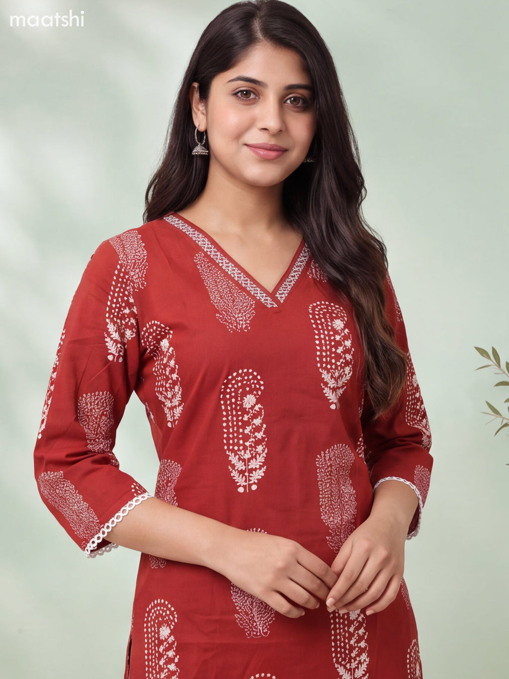 Dark Rust Cotton Printed & Embroidery Work Straight Suit