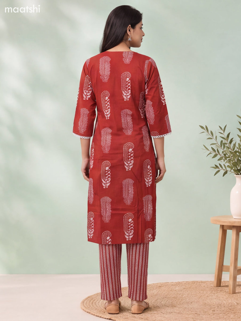 Dark Rust Cotton Printed & Embroidery Work Straight Suit