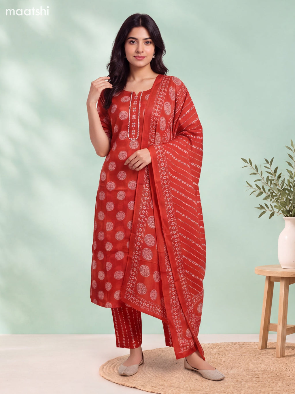Rustic Orange Cotton Printed & Embroidery Work Straight Suit