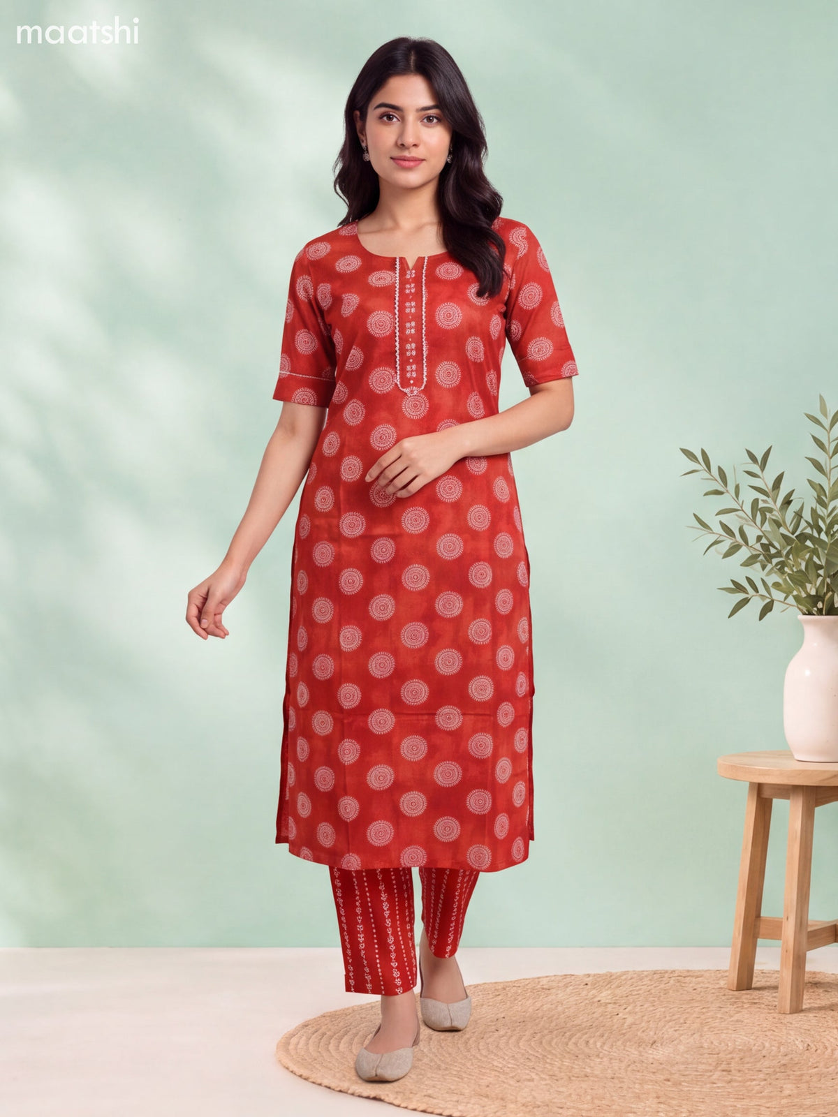 Rustic Orange Cotton Printed & Embroidery Work Straight Suit