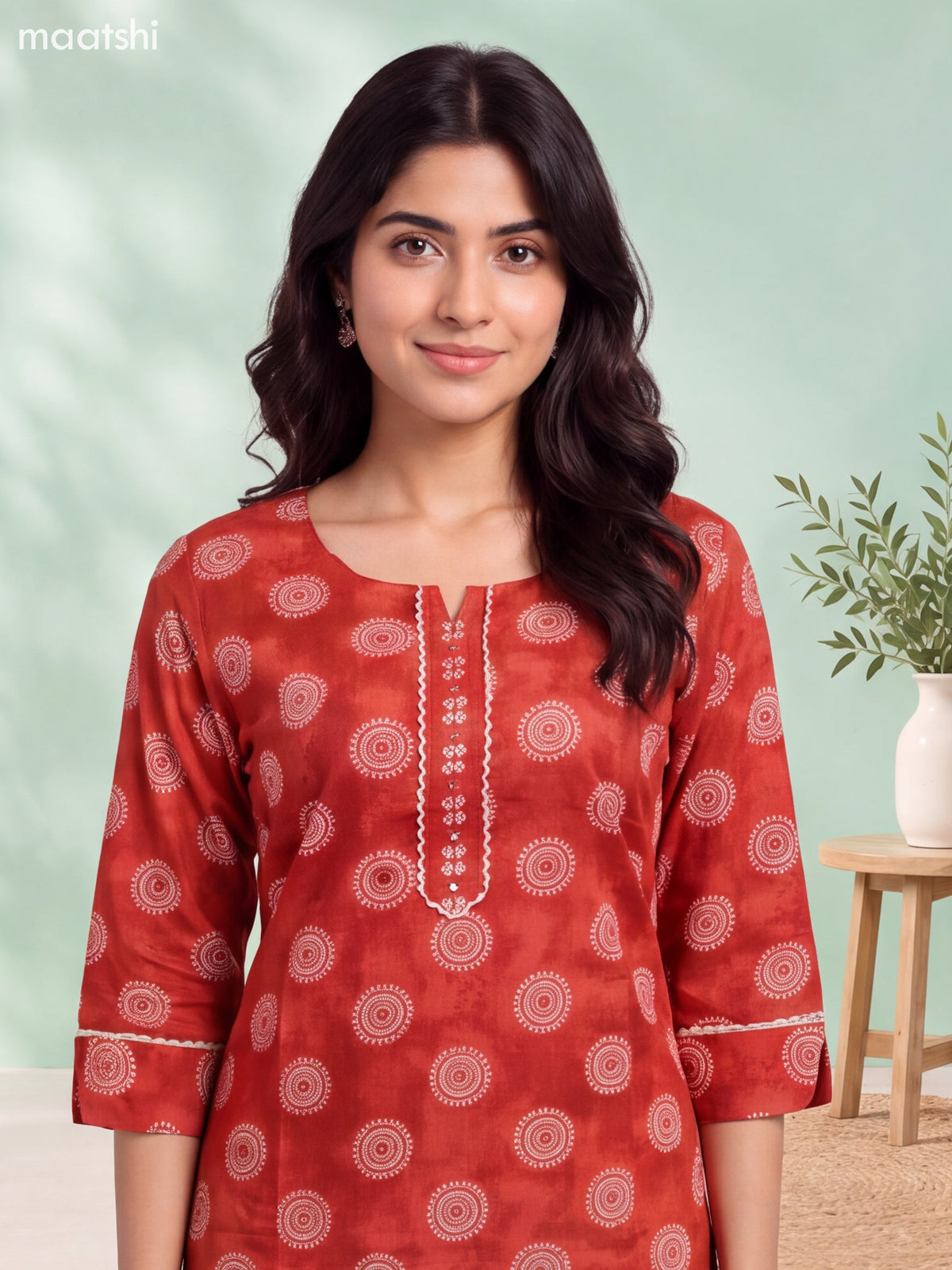Rustic Orange Cotton Printed & Embroidery Work Straight Suit