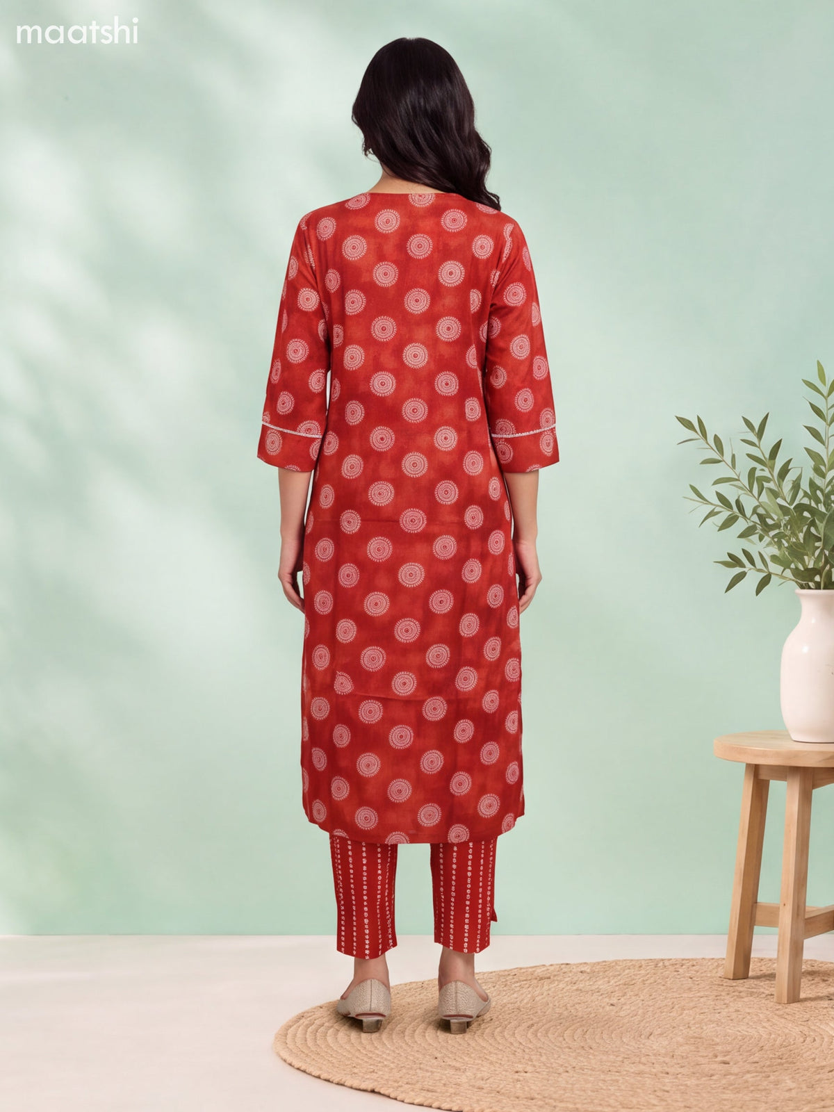 Rustic Orange Cotton Printed & Embroidery Work Straight Suit