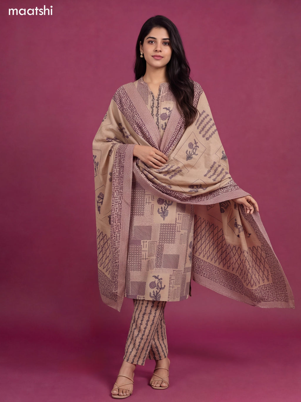 Beige and Pastel Purple Cotton Printed & Embroidery Work Straight Suit