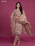 Beige and Pastel Purple Cotton Printed & Embroidery Work Straight Suit
