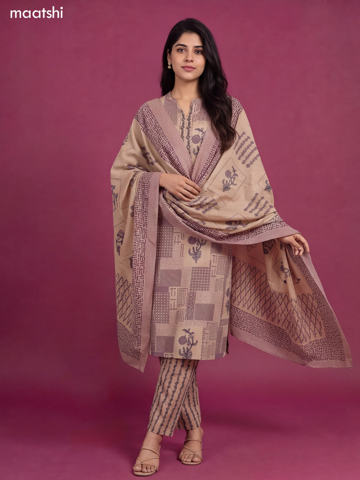 Beige and Pastel Purple Cotton Printed & Embroidery Work Straight Suit