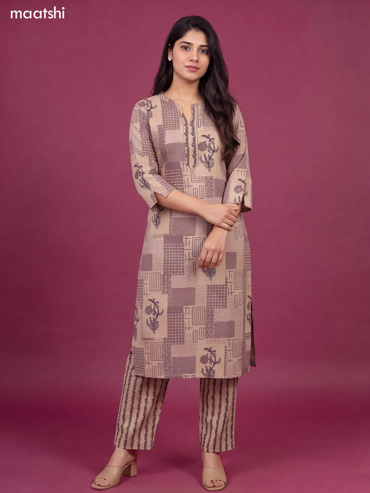 Beige and Pastel Purple Cotton Printed & Embroidery Work Straight Suit