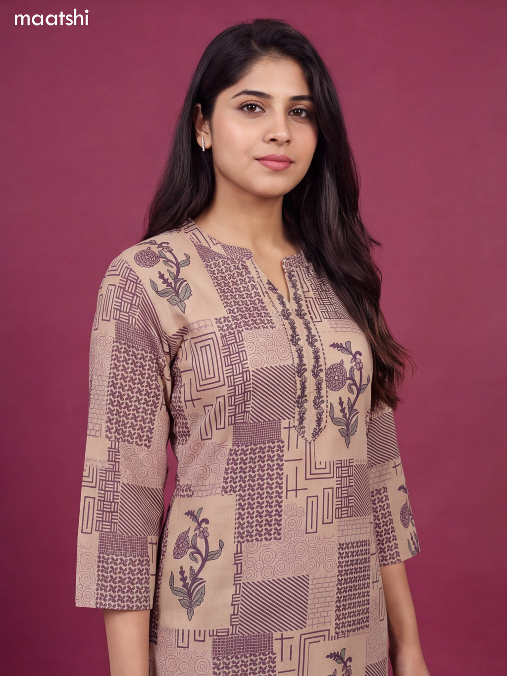 Beige and Pastel Purple Cotton Printed & Embroidery Work Straight Suit