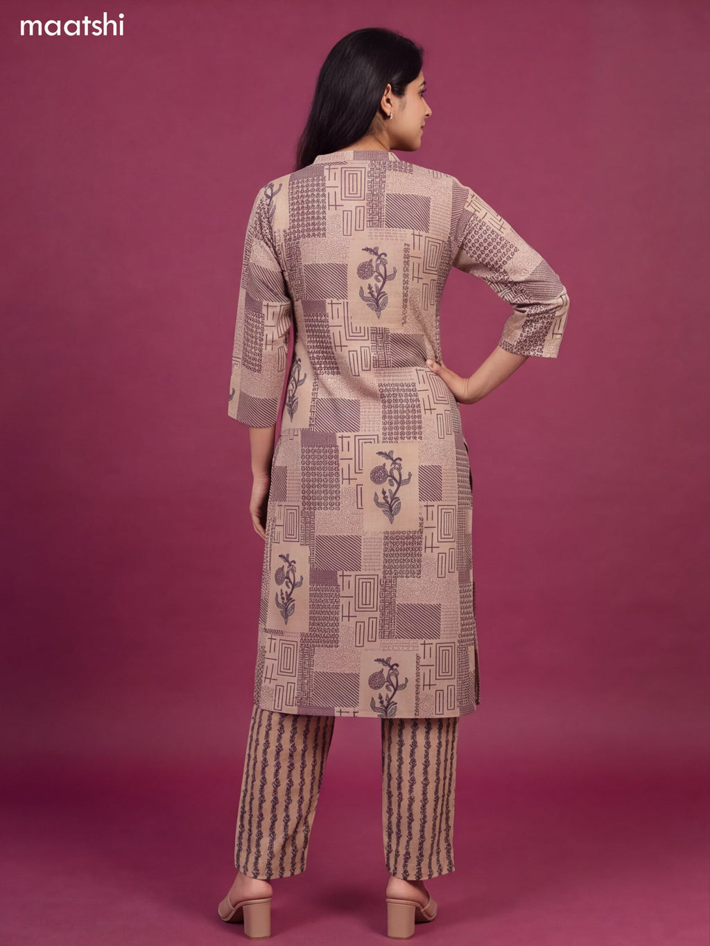 Beige and Pastel Purple Cotton Printed & Embroidery Work Straight Suit