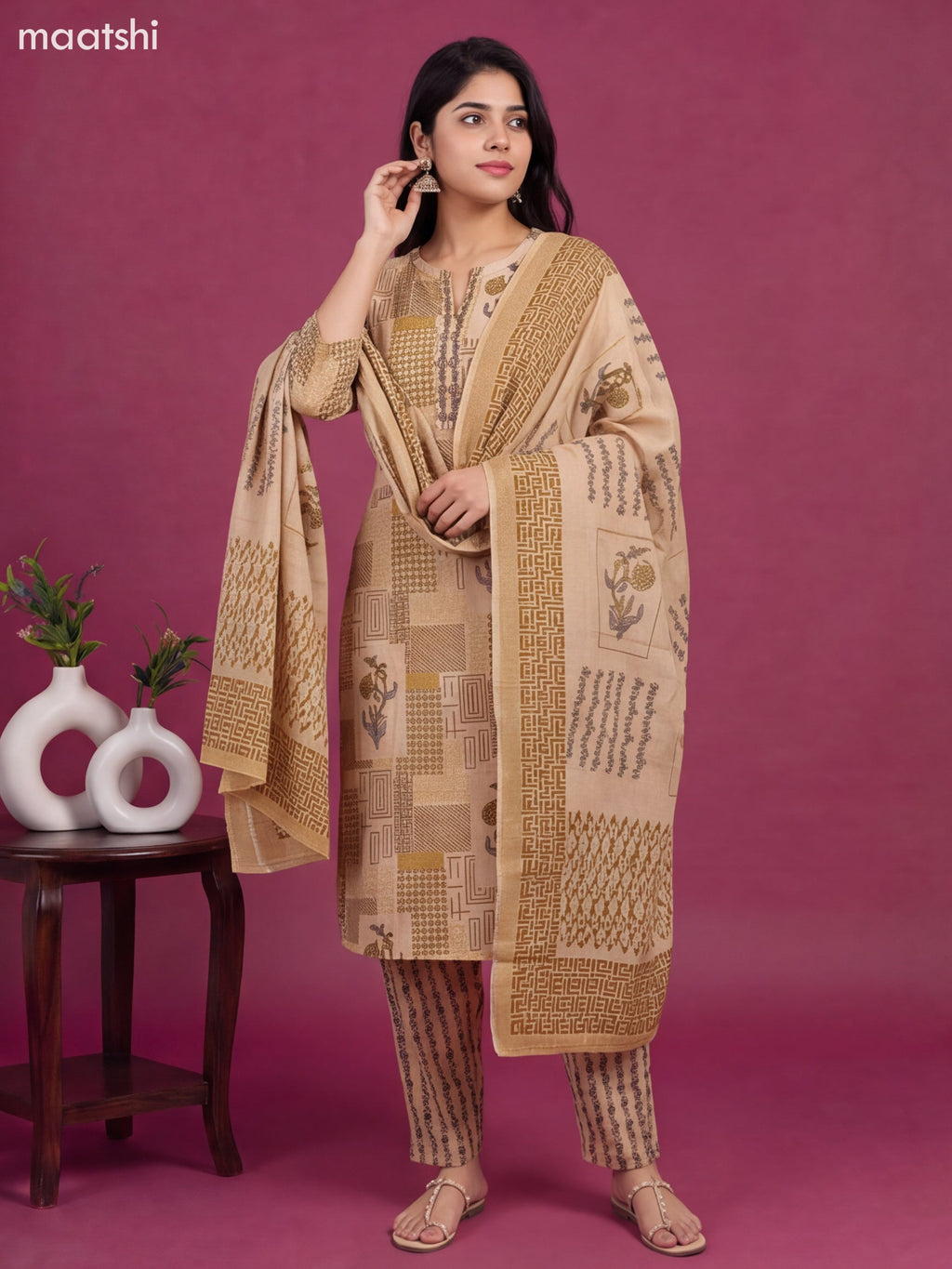 Beige and Mustard Yellow Cotton Printed & Embroidery Work Straight Suit