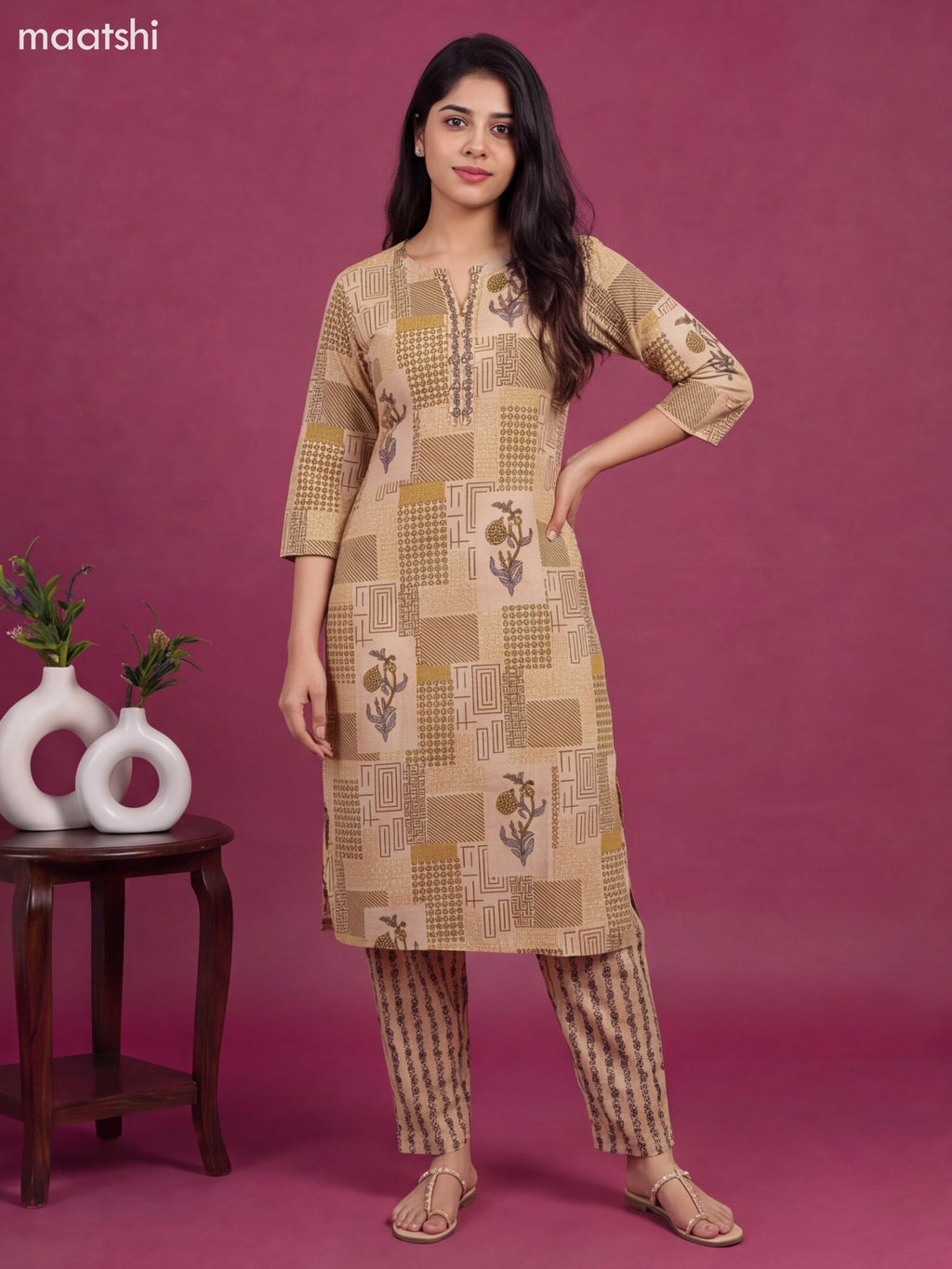 Beige and Mustard Yellow Cotton Printed & Embroidery Work Straight Suit
