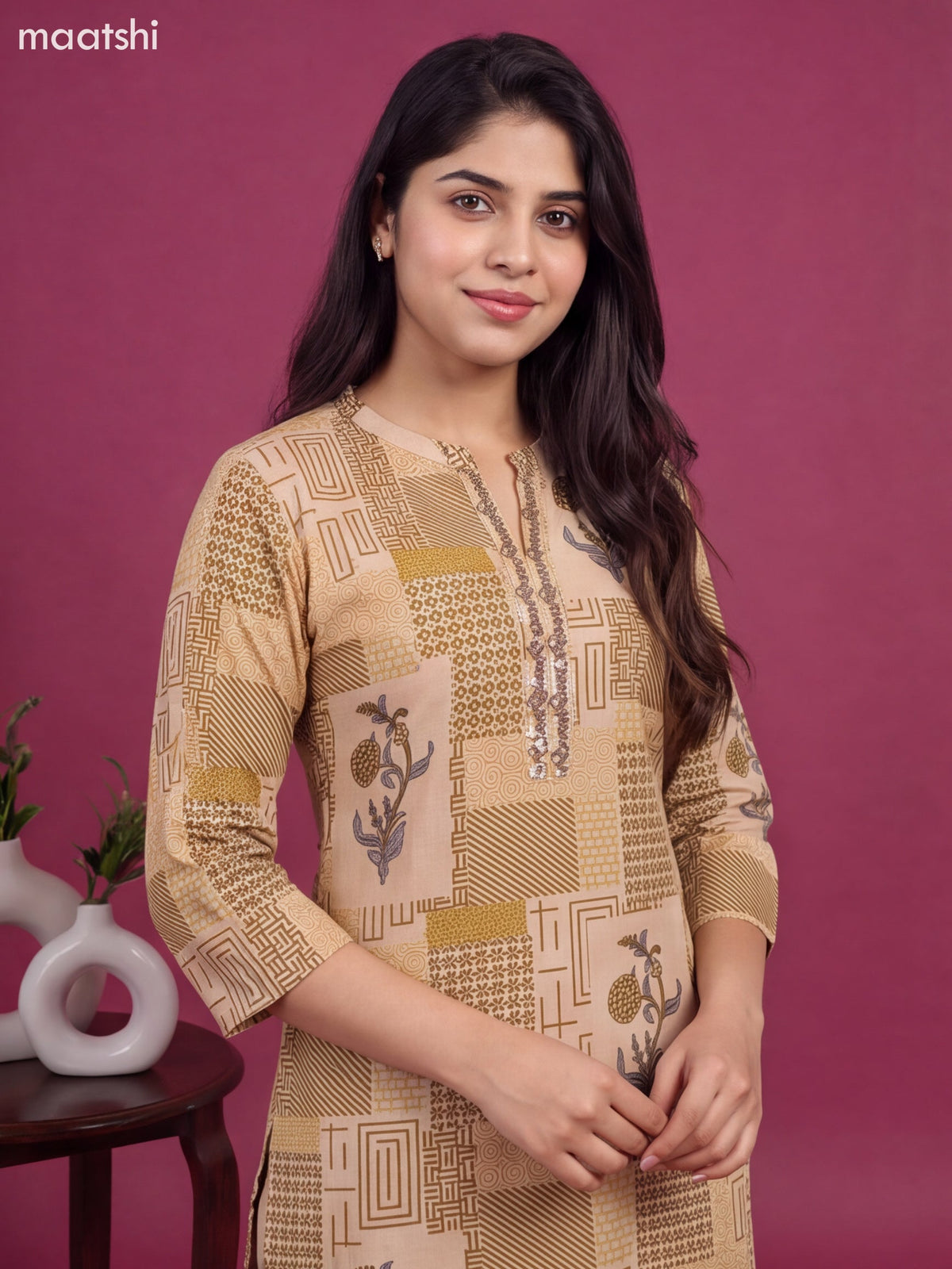 Beige and Mustard Yellow Cotton Printed & Embroidery Work Straight Suit