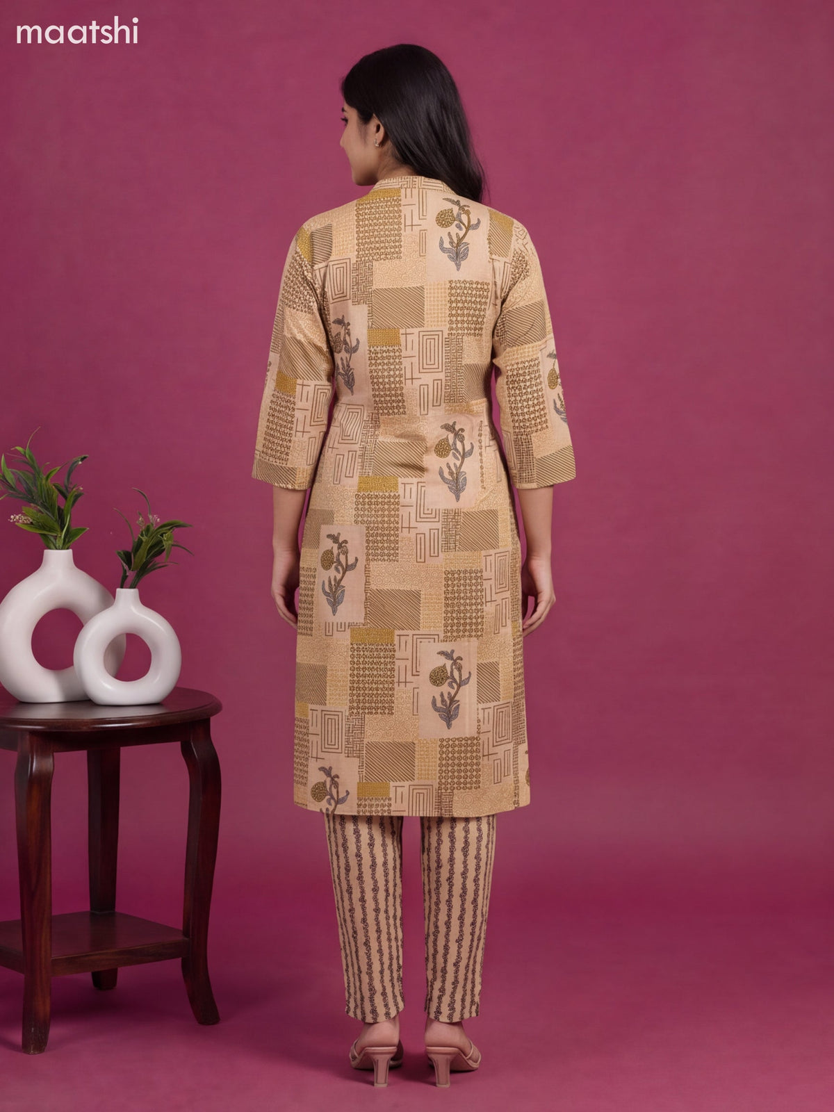Beige and Mustard Yellow Cotton Printed & Embroidery Work Straight Suit