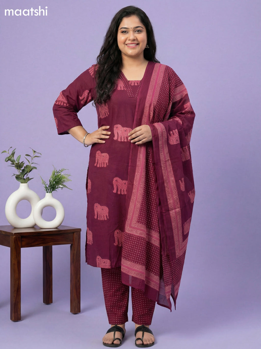 Magenta Pink Cotton Elephant Printed Straight Suit