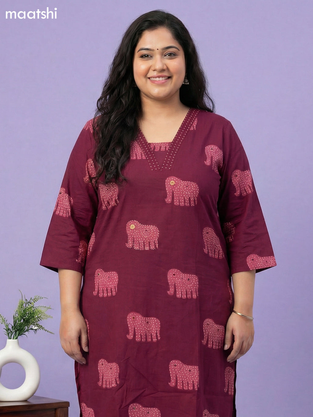 Magenta Pink Cotton Elephant Printed Straight Suit