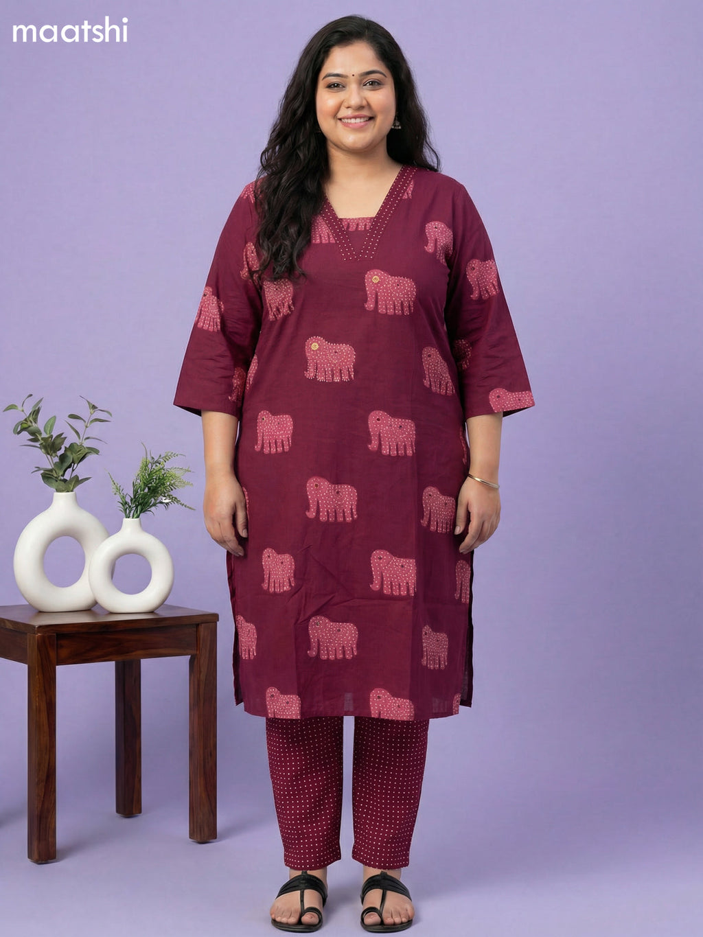 Magenta Pink Cotton Elephant Printed Straight Suit