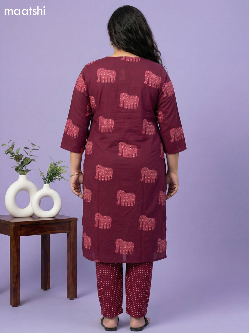 Magenta Pink Cotton Elephant Printed Straight Suit