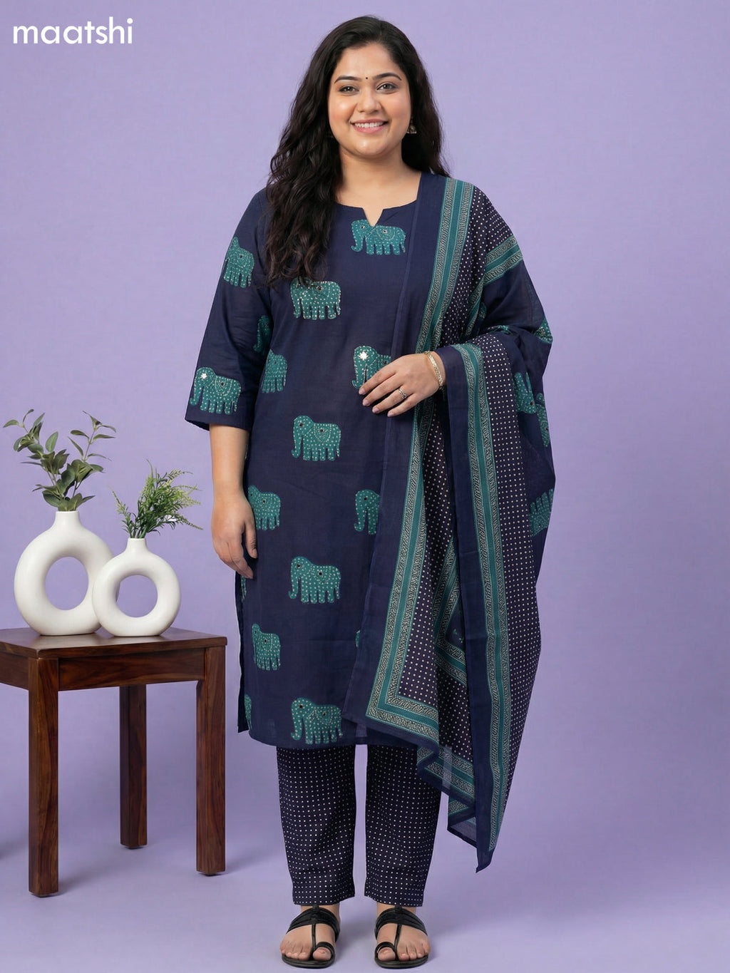 Blue Cotton Elephant Printed Straight Suit