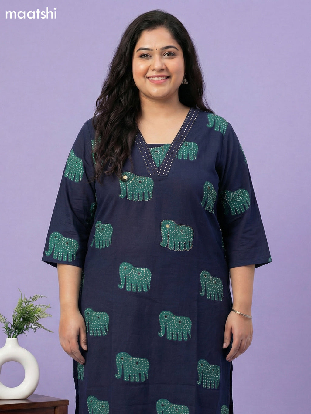 Blue Cotton Elephant Printed Straight Suit