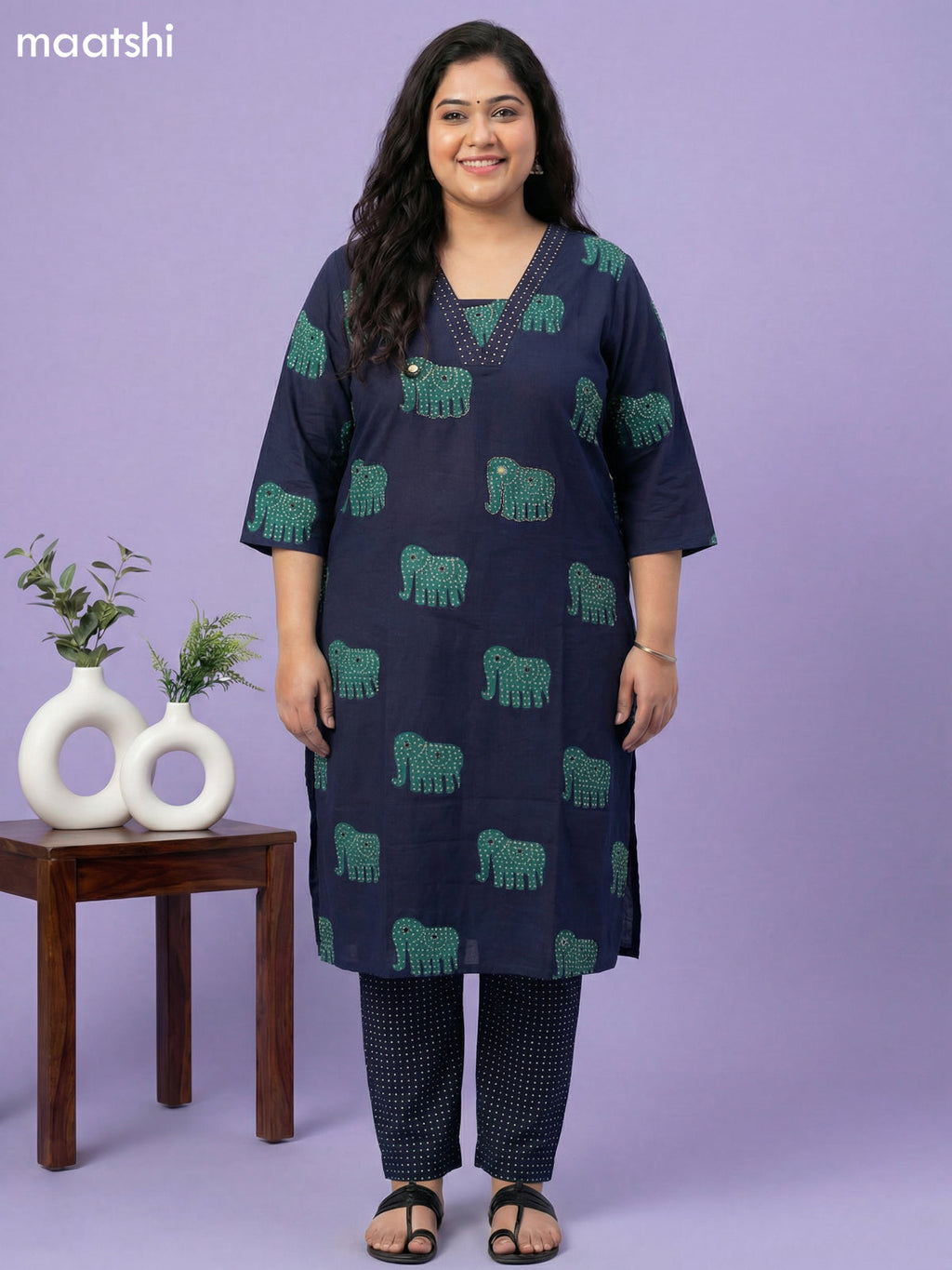 Blue Cotton Elephant Printed Straight Suit