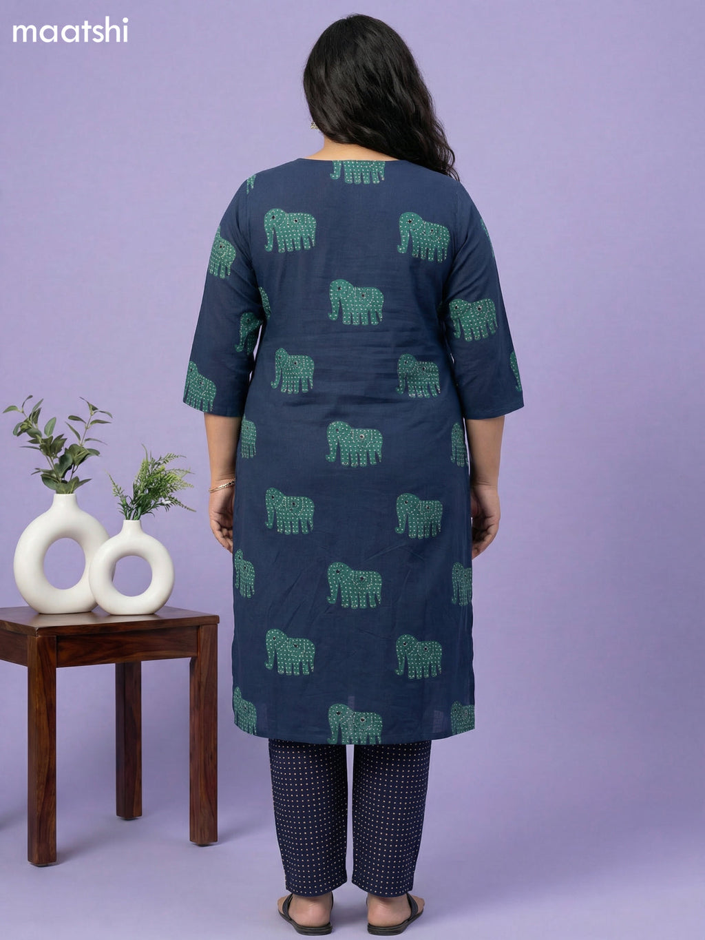 Blue Cotton Elephant Printed Straight Suit