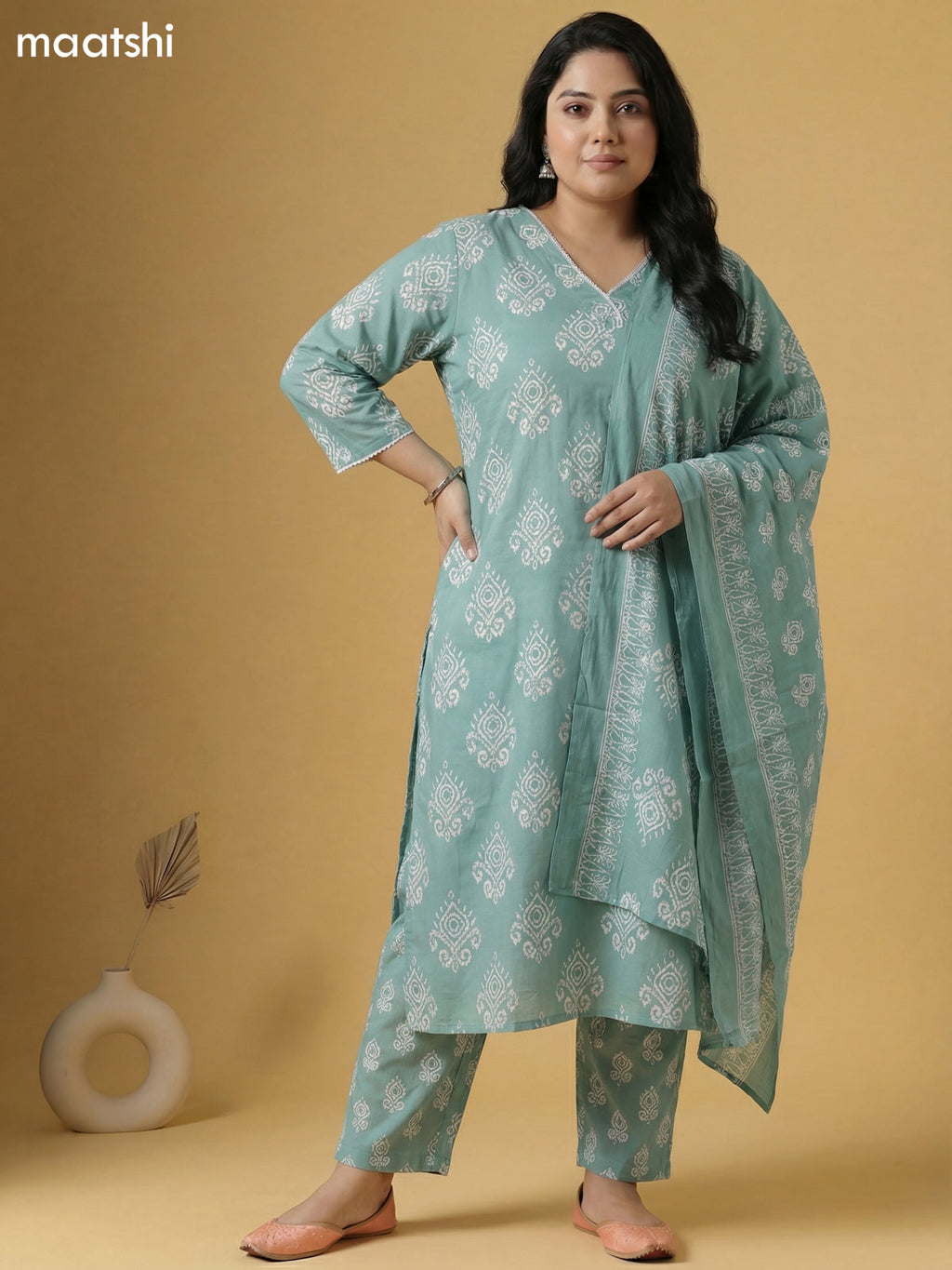 Pastel Green Cotton Printed Straight Suit