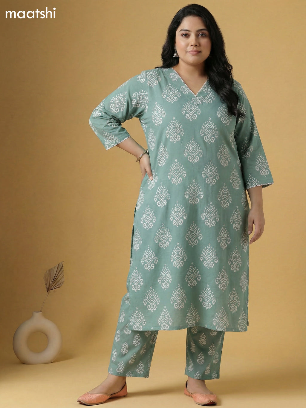 Pastel Green Cotton Printed Straight Suit