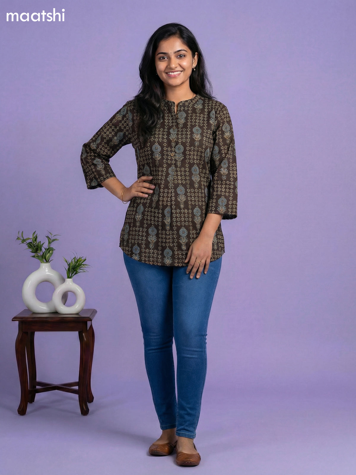 Deep Coffee Brown Cotton Allover Printed Short Kurti