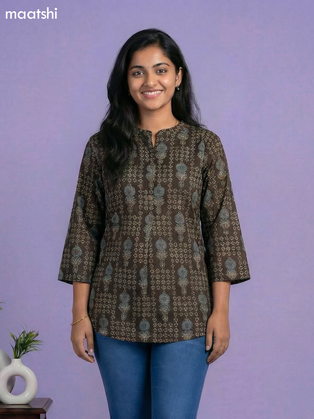 Deep Coffee Brown Cotton Allover Printed Short Kurti