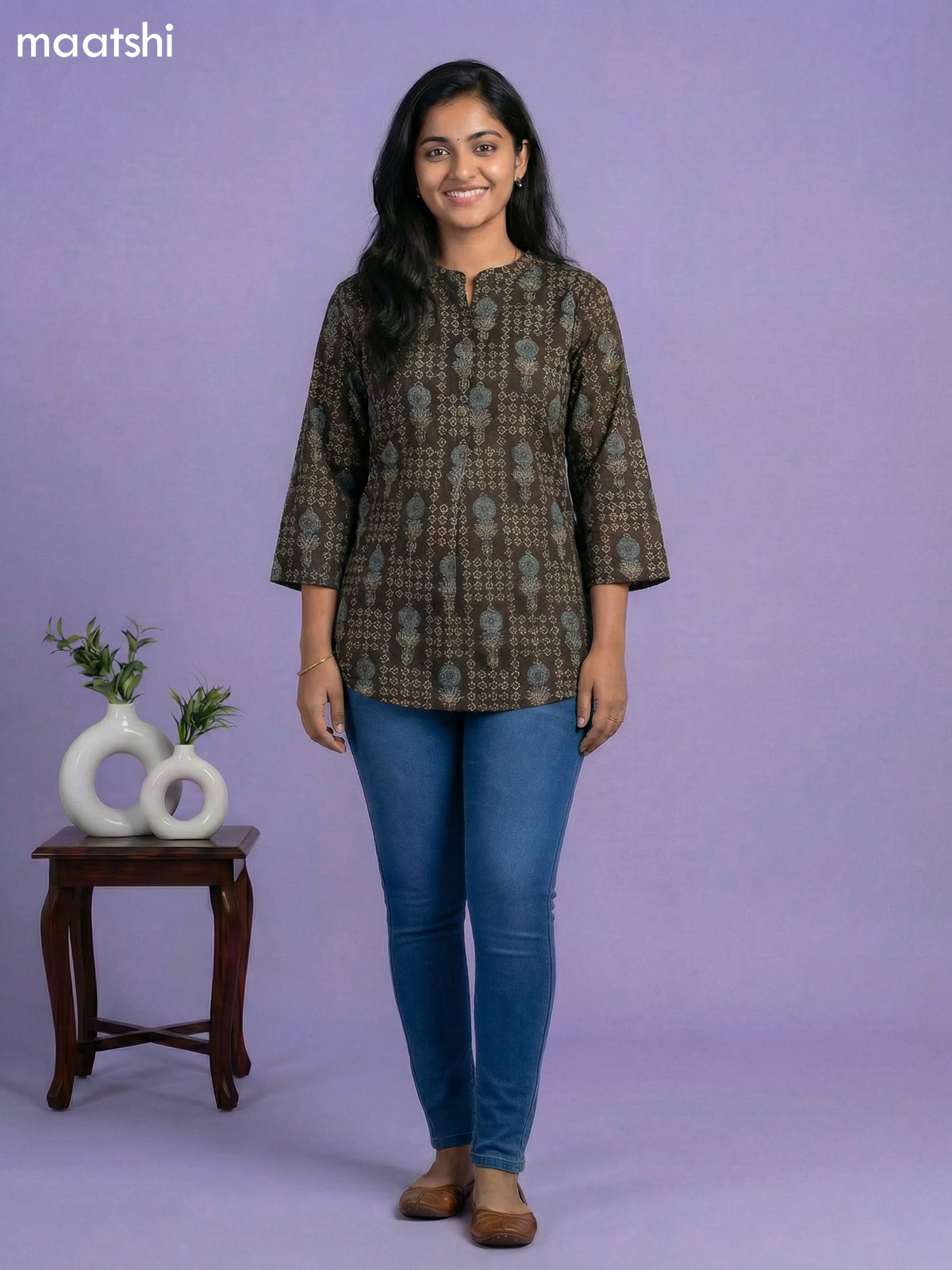 Deep Coffee Brown Cotton Allover Printed Short Kurti