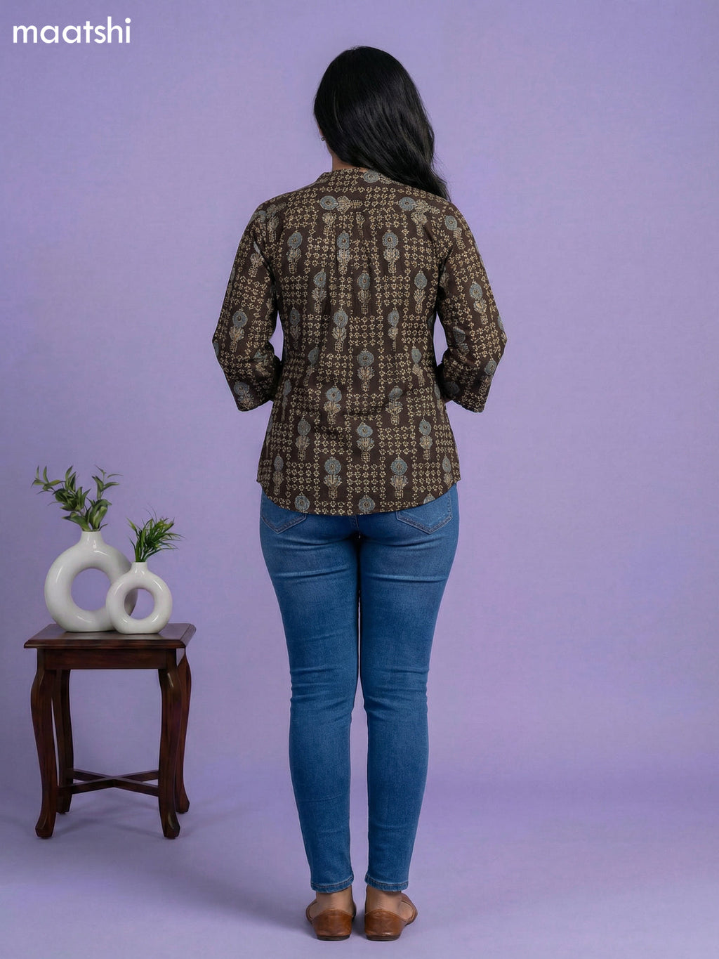 Deep Coffee Brown Cotton Allover Printed Short Kurti