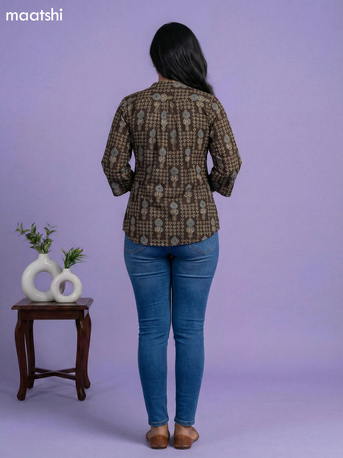 Deep Coffee Brown Cotton Allover Printed Short Kurti