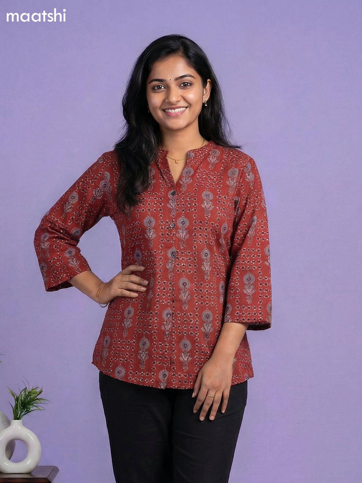 Rustic Maroon Cotton Allover Printed Short Kurti