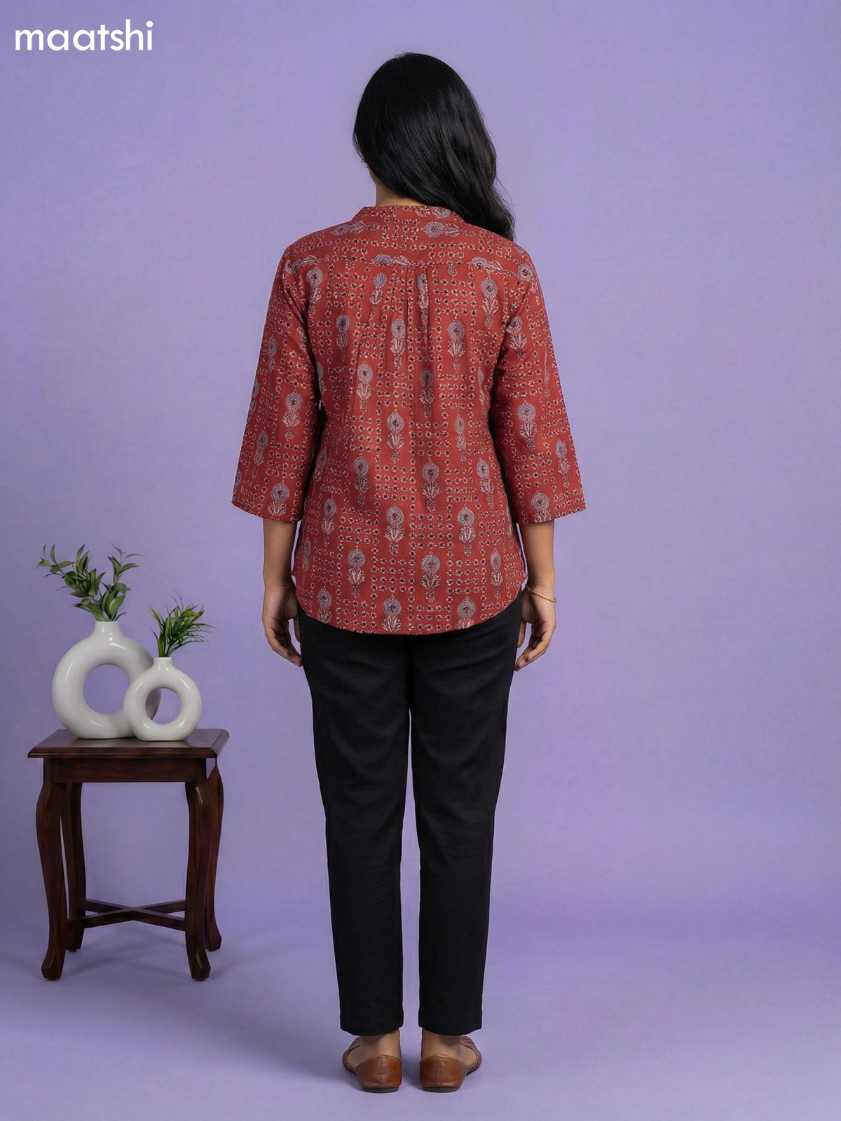 Rustic Maroon Cotton Allover Printed Short Kurti