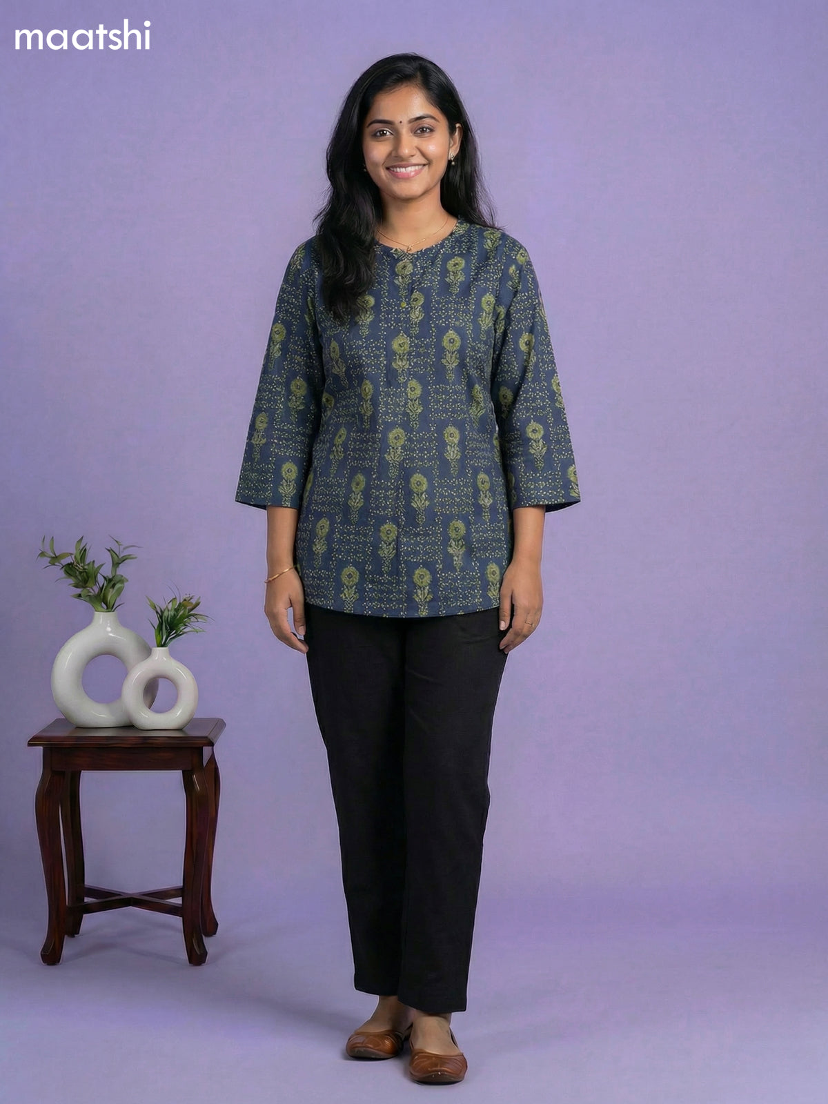 Peacock Green Cotton Allover Printed Short Kurti