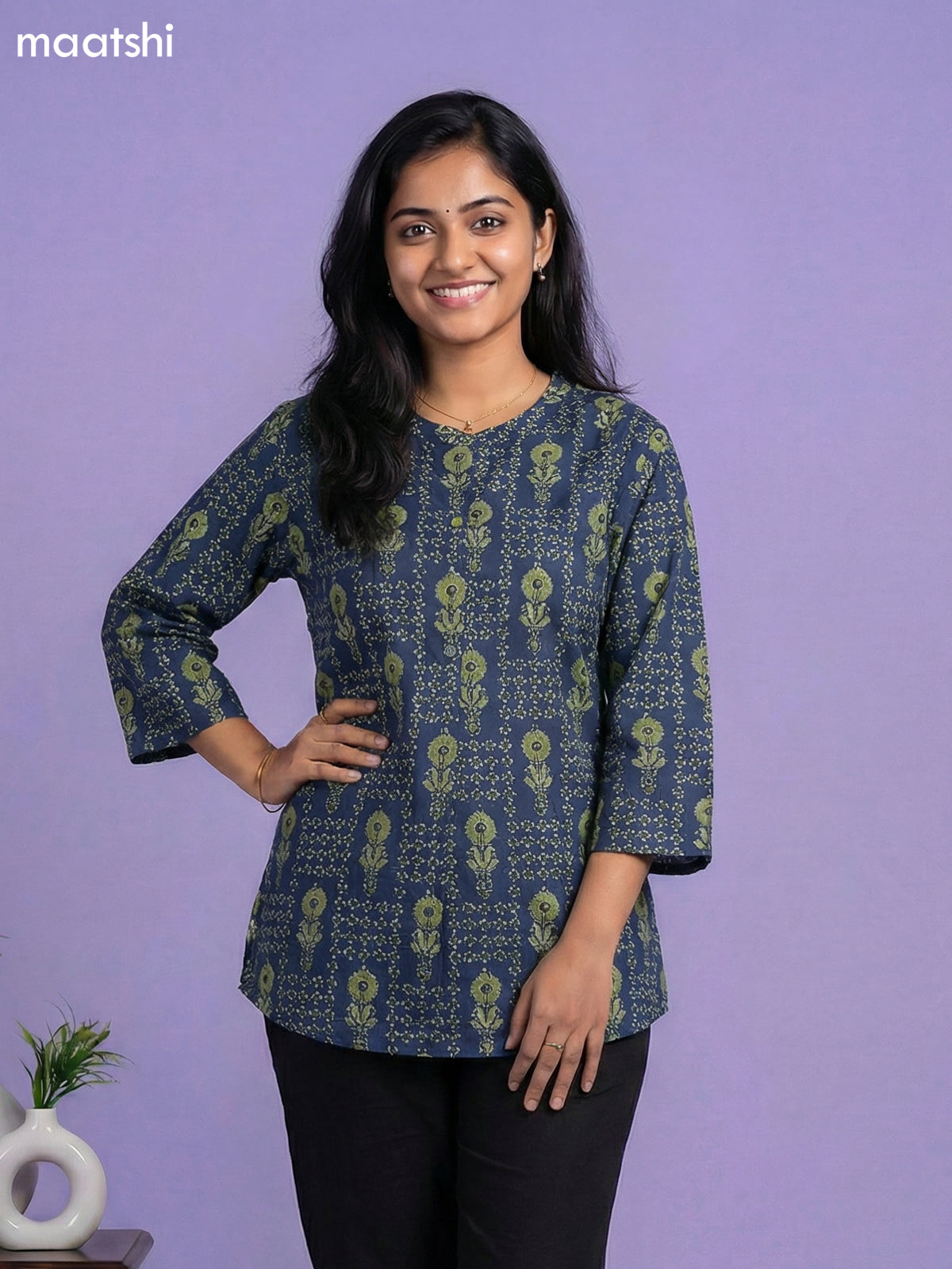 Peacock Green Cotton Allover Printed Short Kurti