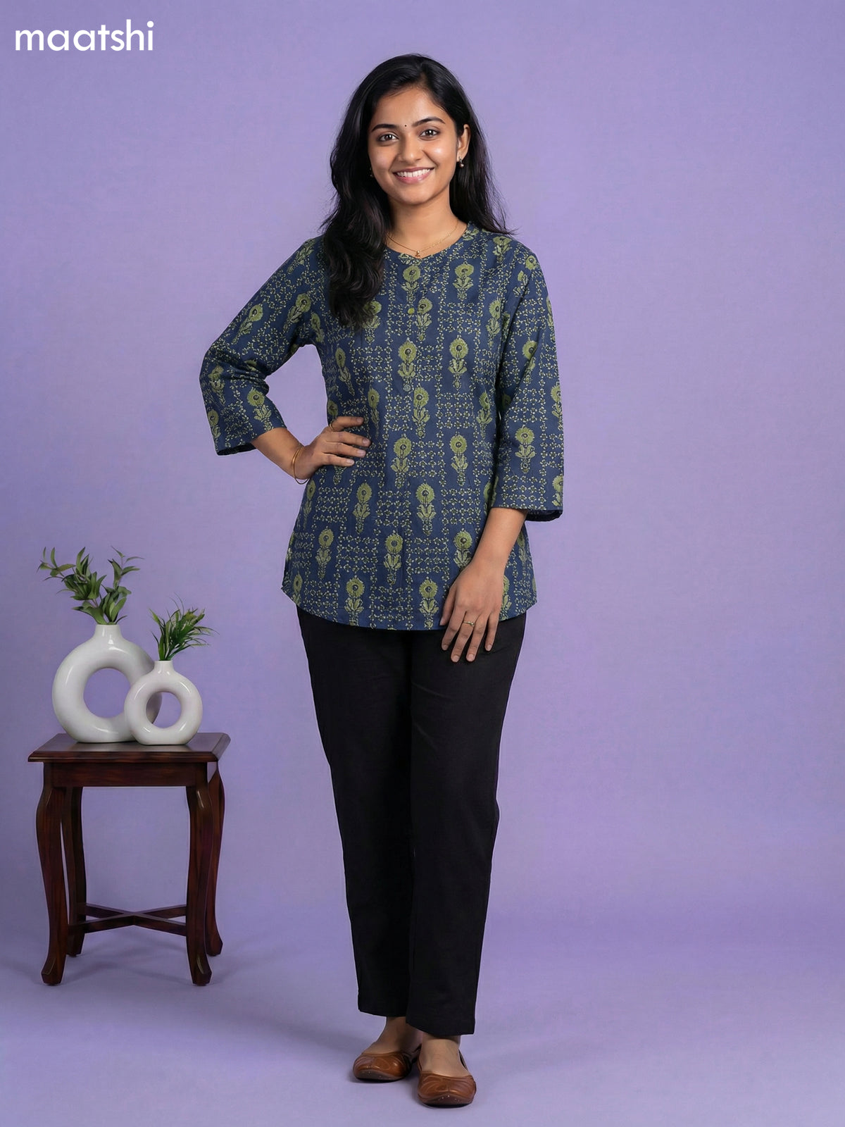 Peacock Green Cotton Allover Printed Short Kurti