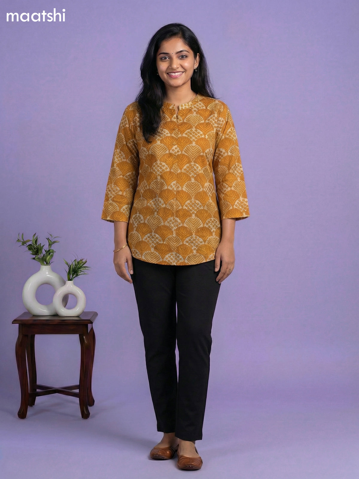 Dark Mustard and Beige Cotton Allover Printed Short Kurti