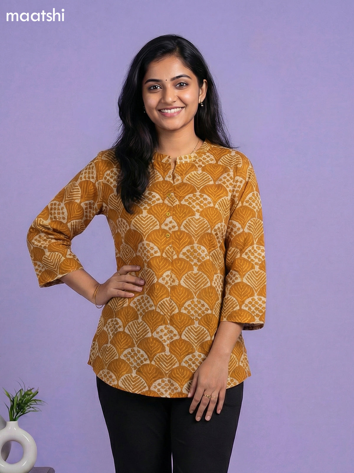 Dark Mustard and Beige Cotton Allover Printed Short Kurti