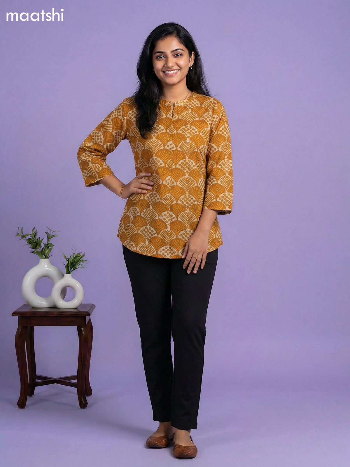 Dark Mustard and Beige Cotton Allover Printed Short Kurti