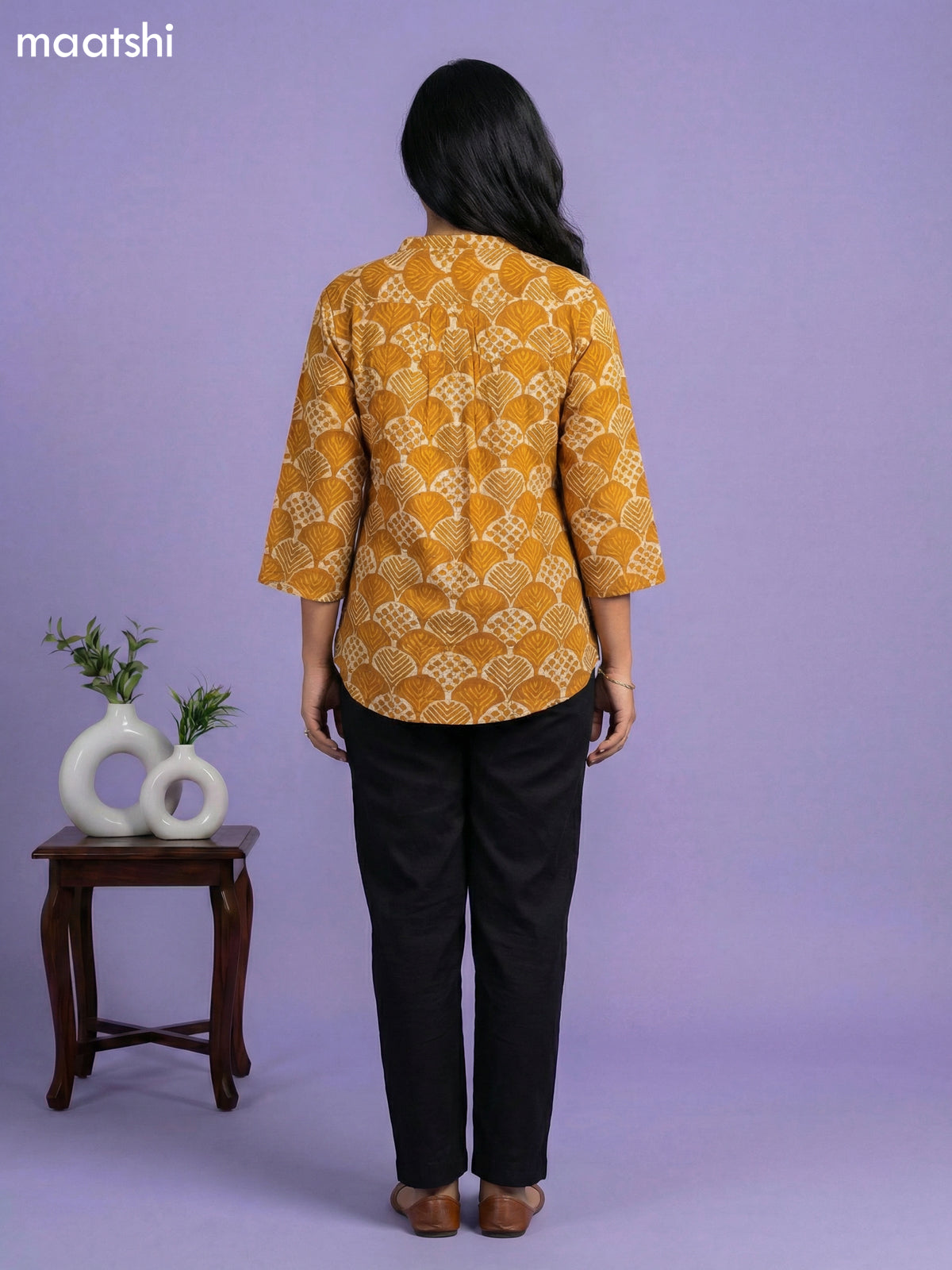 Dark Mustard and Beige Cotton Allover Printed Short Kurti