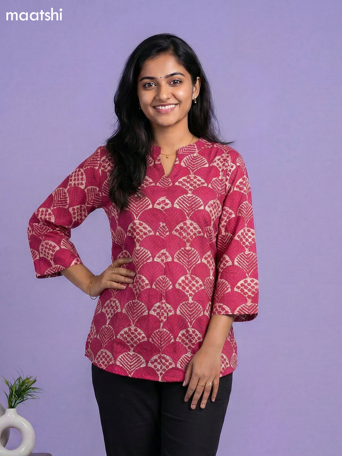 Pink and Beige Cotton Allover Printed Short Kurti