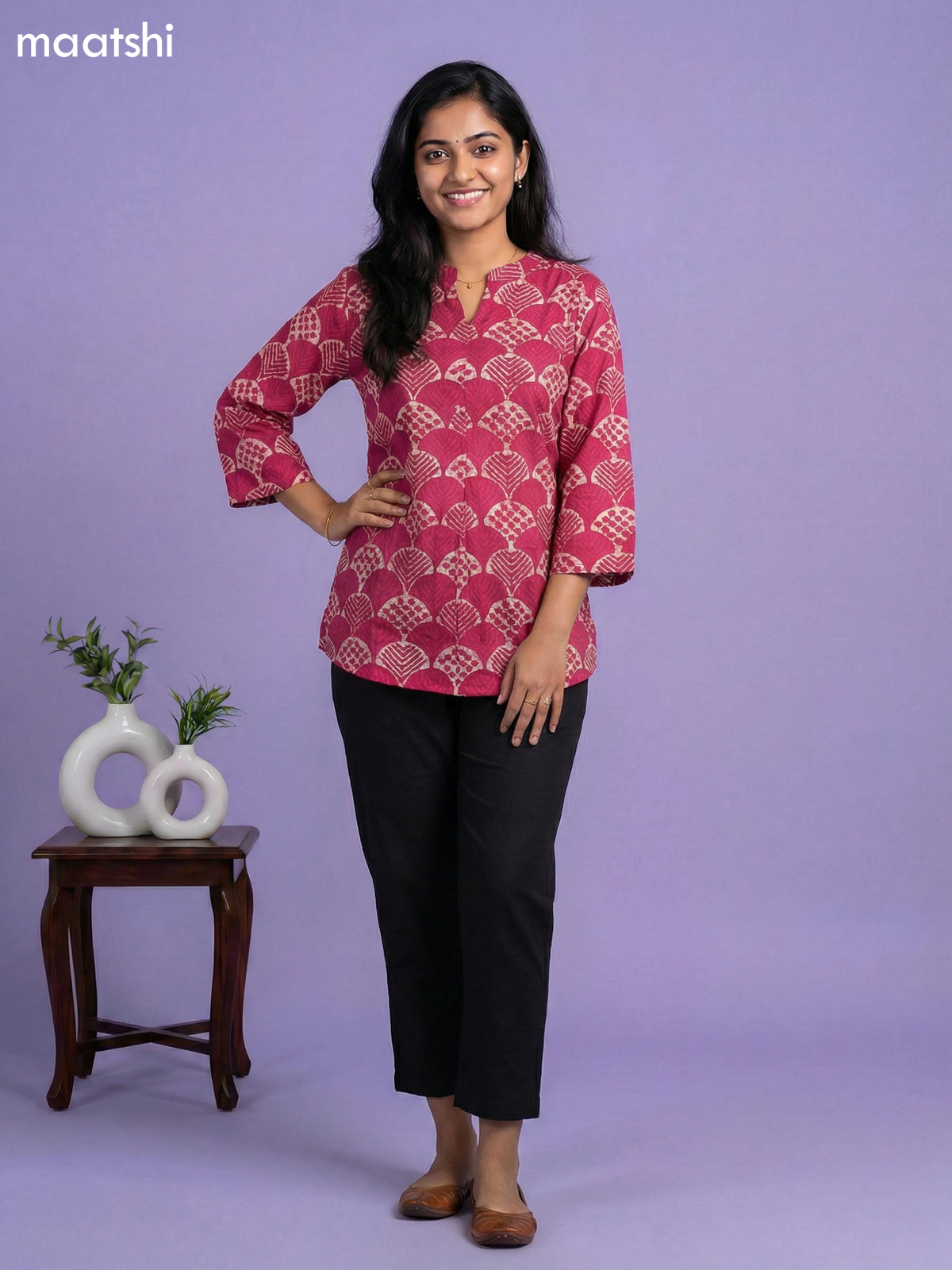 Pink and Beige Cotton Allover Printed Short Kurti