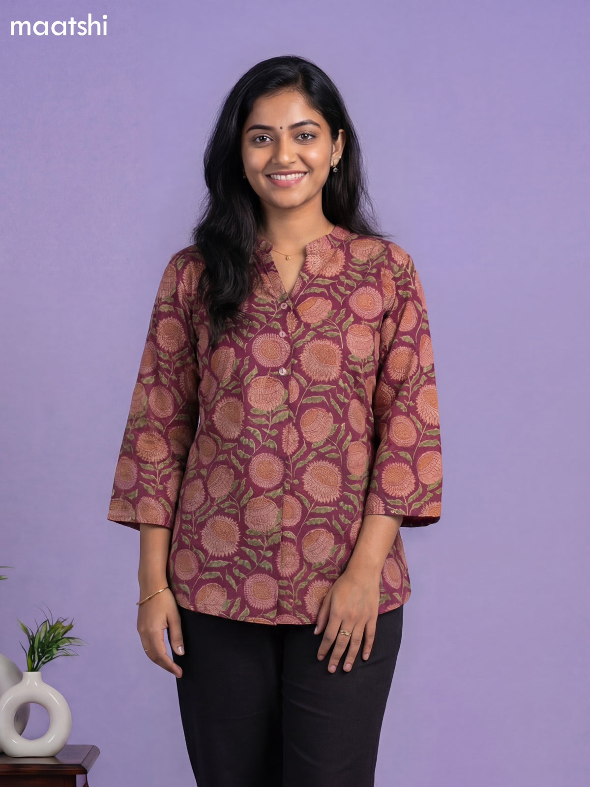 Magenta Pink Cotton Allover Printed Short Kurti