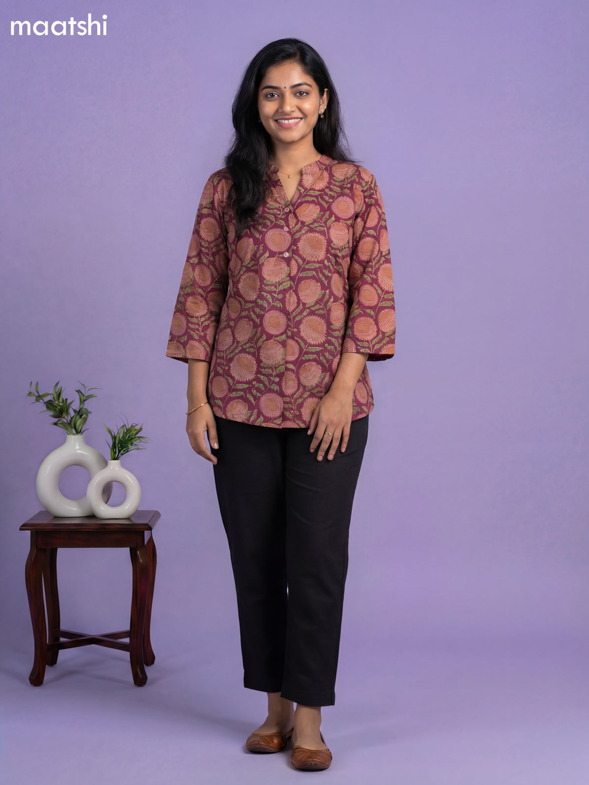 Magenta Pink Cotton Allover Printed Short Kurti