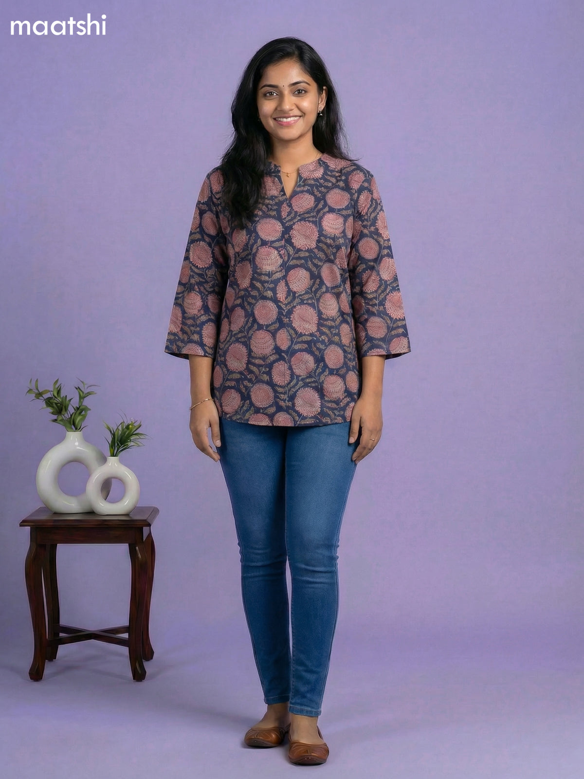 Navy Blue Cotton Allover Printed Short Kurti