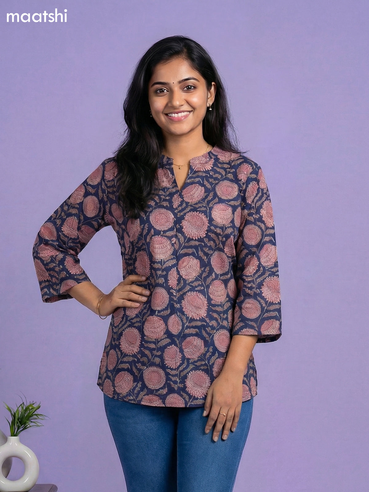 Navy Blue Cotton Allover Printed Short Kurti