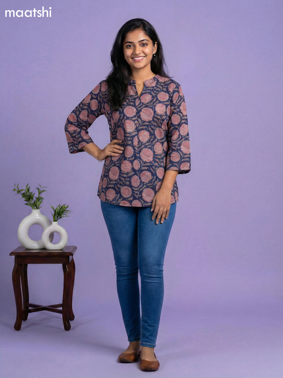 Navy Blue Cotton Allover Printed Short Kurti