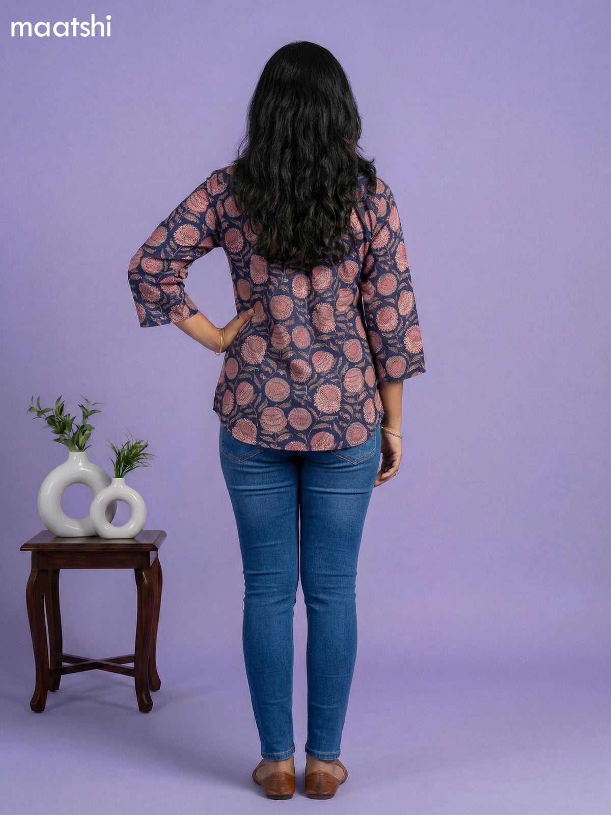 Navy Blue Cotton Allover Printed Short Kurti