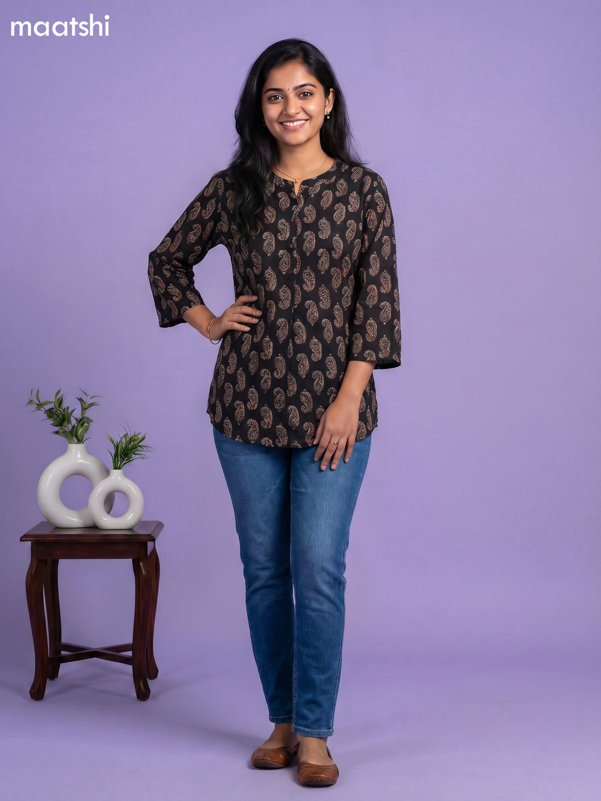 Black and Beige Cotton Printed Short Kurti